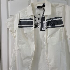 Harley-Davidson White Short Sleeve Zip-Up Shirt with Black Stripes